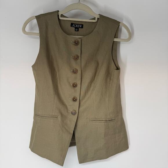 NWT J. Crew Cutaway Linen Vest Top Womens 2 Dusty Fatigue Green Button Front - Picture 2 of 9